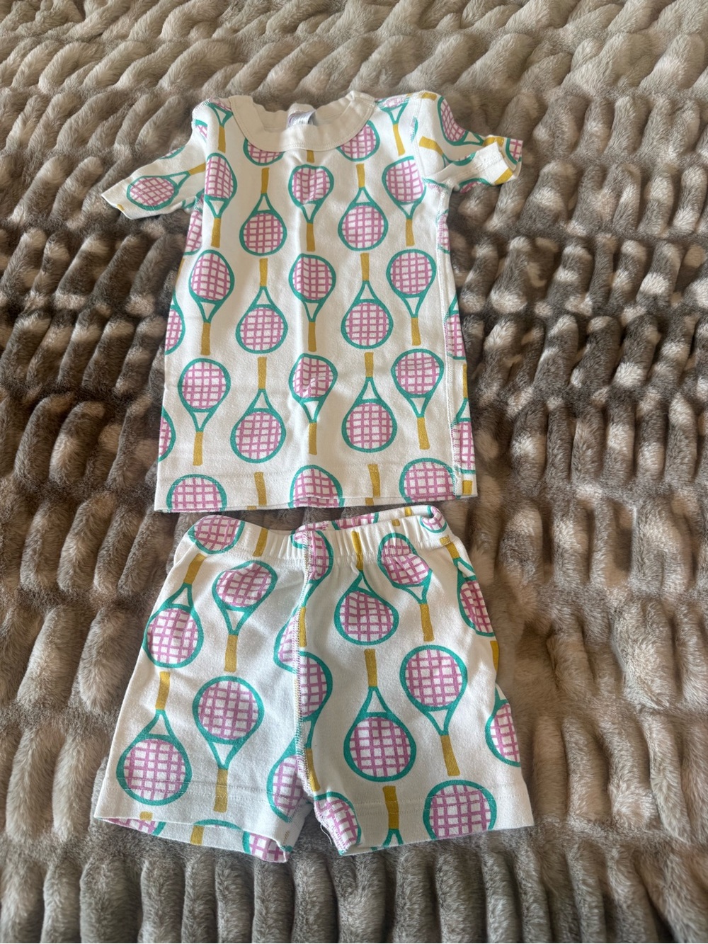 Hanna Andersson White Pajama Set with Pink & Teal Tennis Racket Print